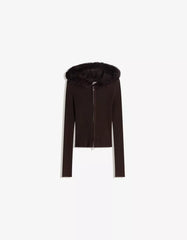 Knitted Zip-Up Jacket with Faux Fur Hood