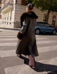 Contrast leather effect coat with faux fur