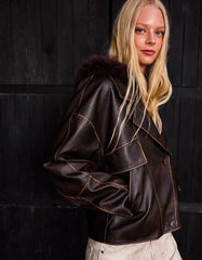 Leather effect jacket with a lapel collar