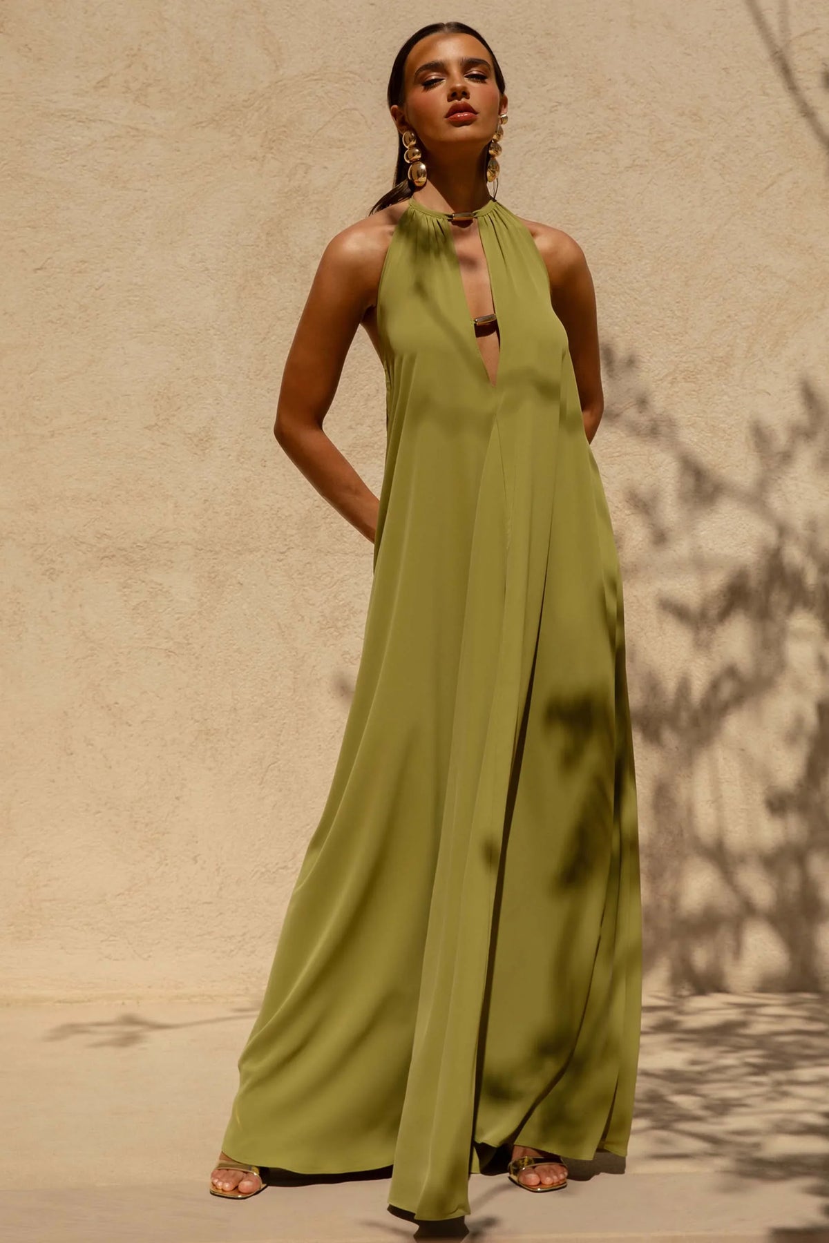 Zyon | Green High-Neck Maxi Dress with Cut-Out Details