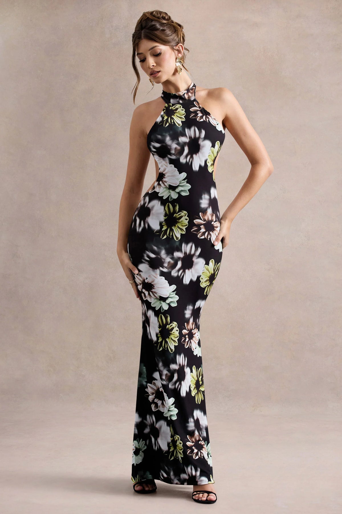 Tuscany | Black Floral Print Halter-Neck Split Maxi Dress