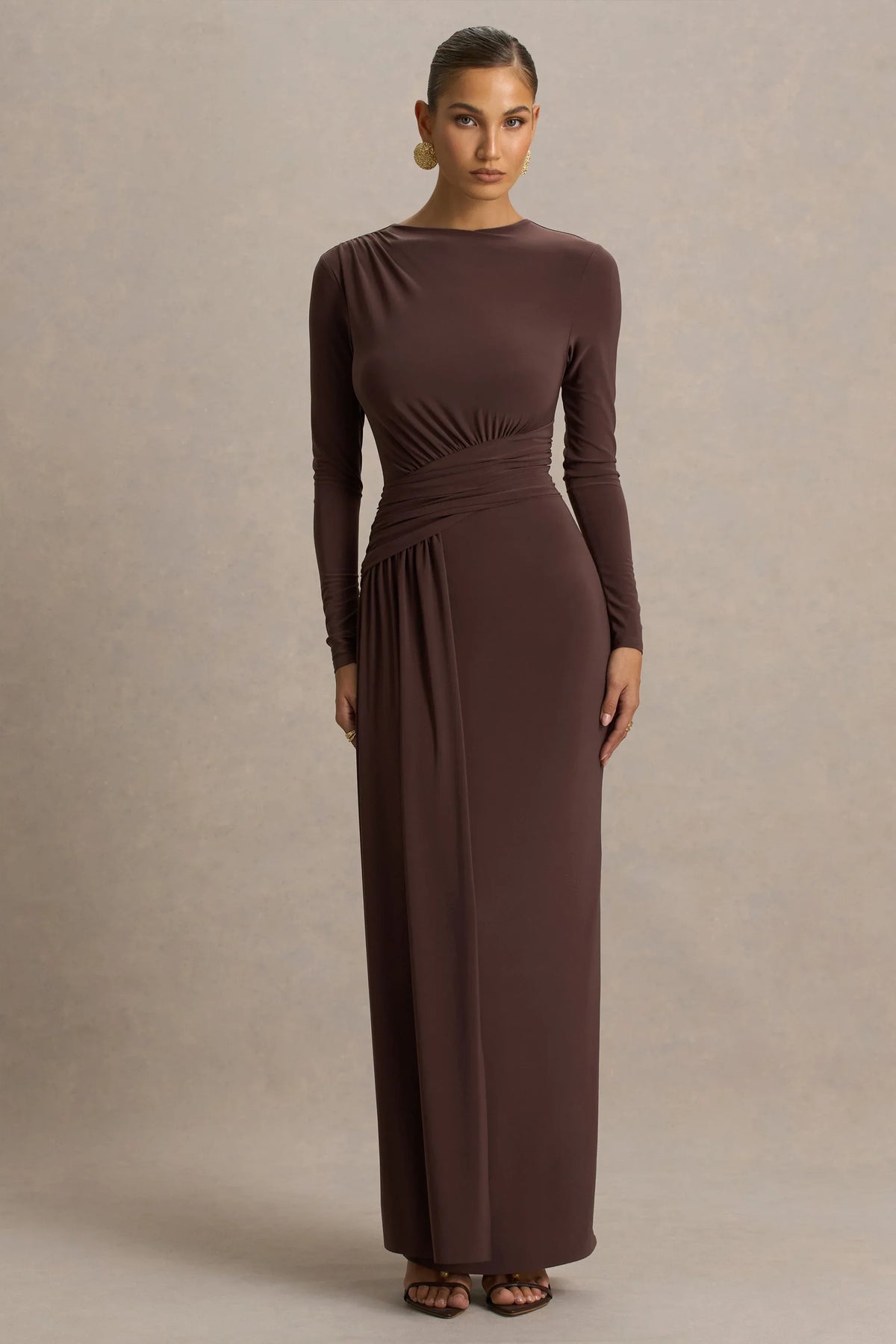 Virelle | Brown Boat-Neck Maxi Dress With Wrap Detail And Sash