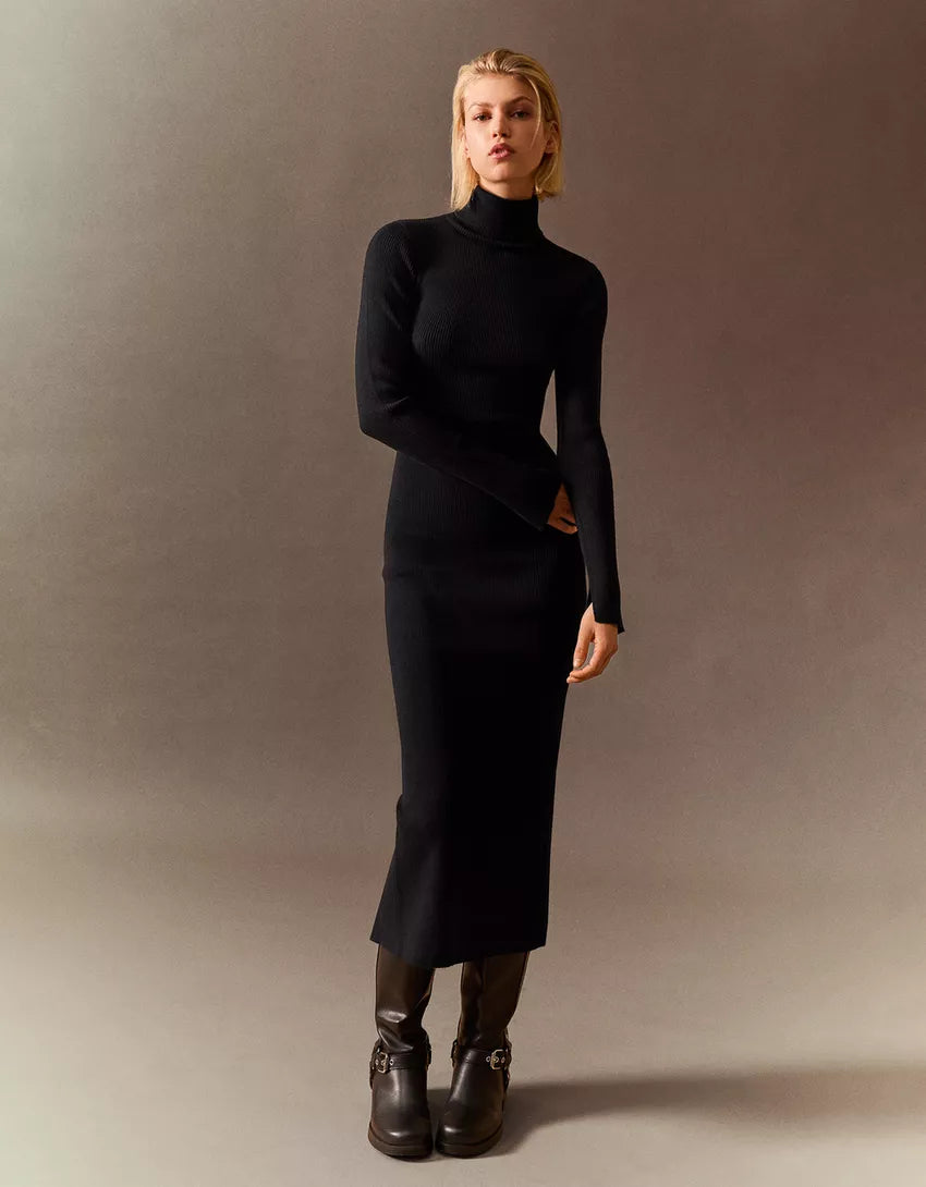 Ribbed high neck midi dress
