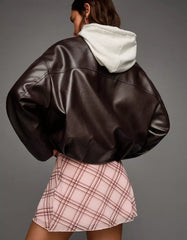 Belted leather effect bomber jacket