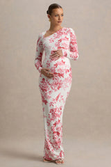 Vanette | Pink Floral Print Asymmetric Long-Sleeve Maternity Maxi Dress