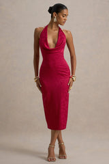 Aine | Red Satin Jacquard Cowl-Neck Midi Dress