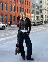 Knitted Zip-Up Jacket with Faux Fur Hood