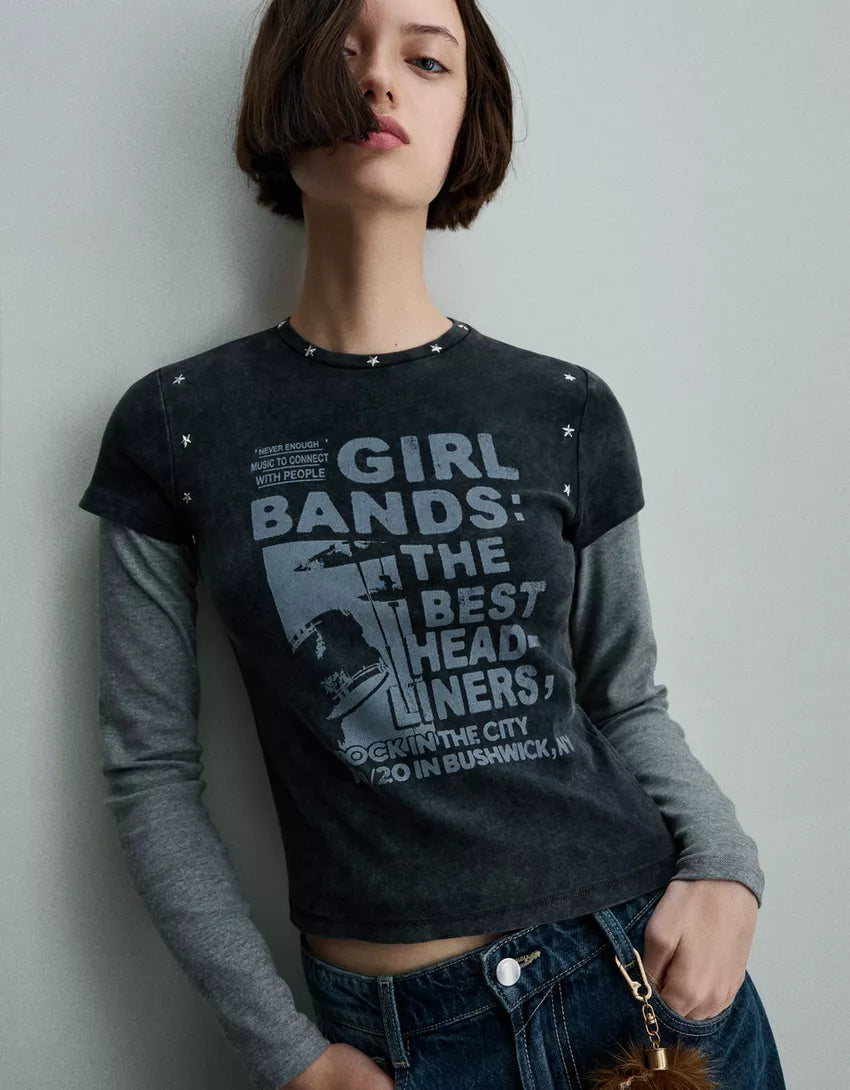 Short sleeve T-shirt with studs and print