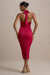 Aine | Red Satin Jacquard Cowl-Neck Midi Dress