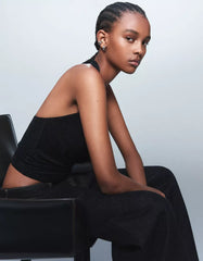 Shimmery draped cowl neck halter top