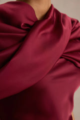 Yoli | Burgundy Satin Maxi Dress With Twist-Cape