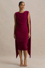 Wanderer | Burgundy Crew-Neck Midi Dress With Draped and Ruched Detailing