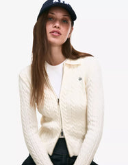 Cable-knit cardigan with a polo collar