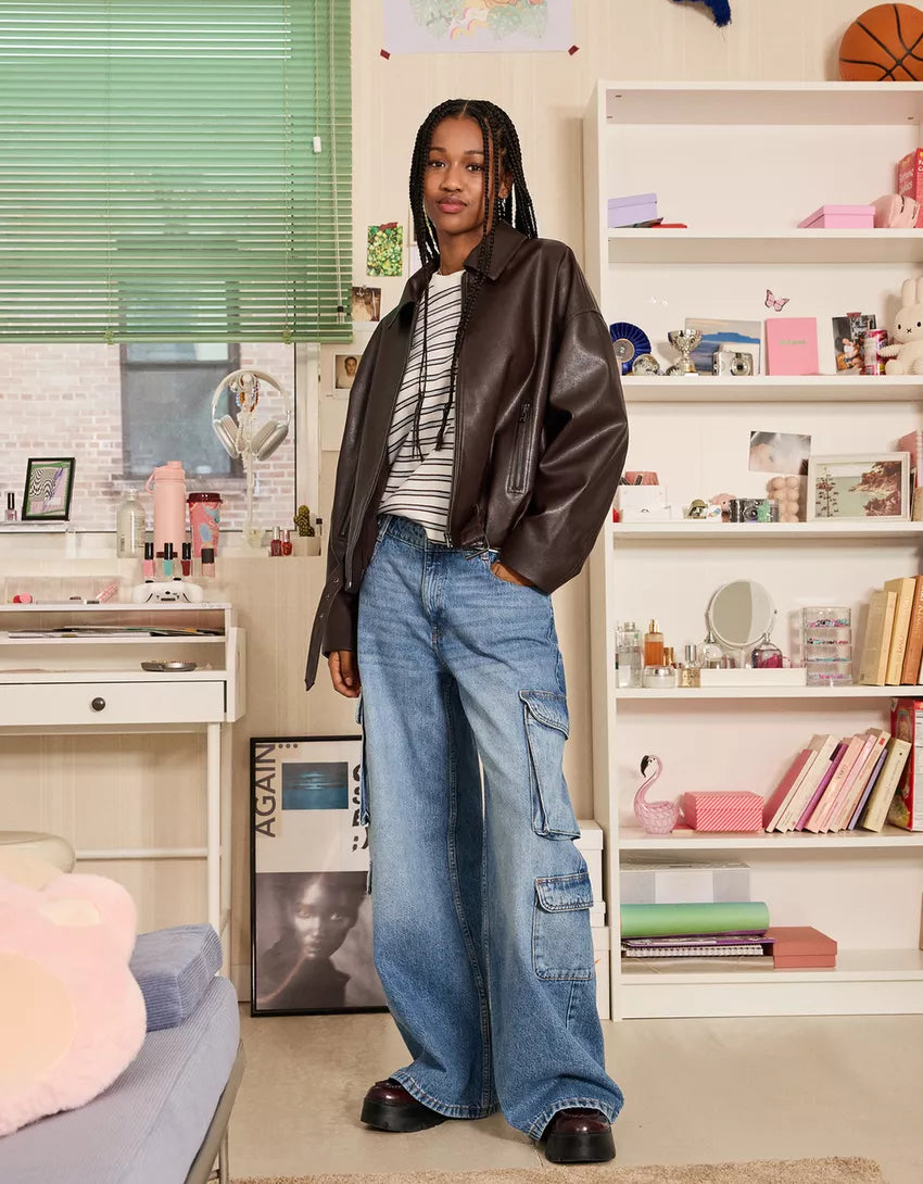 Belted leather effect bomber jacket