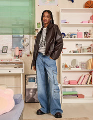 Belted leather effect bomber jacket