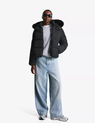 Water-repellent hooded puffer jacket with faux fur