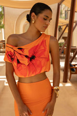 Lia | Orange And Red Placement Floral Print Asymmetric Crop-Top