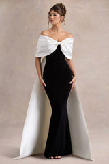 Wanting More | Black & White Satin Cape Maxi Dress With Oversized Bow
