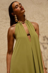 Zyon | Green High-Neck Maxi Dress with Cut-Out Details