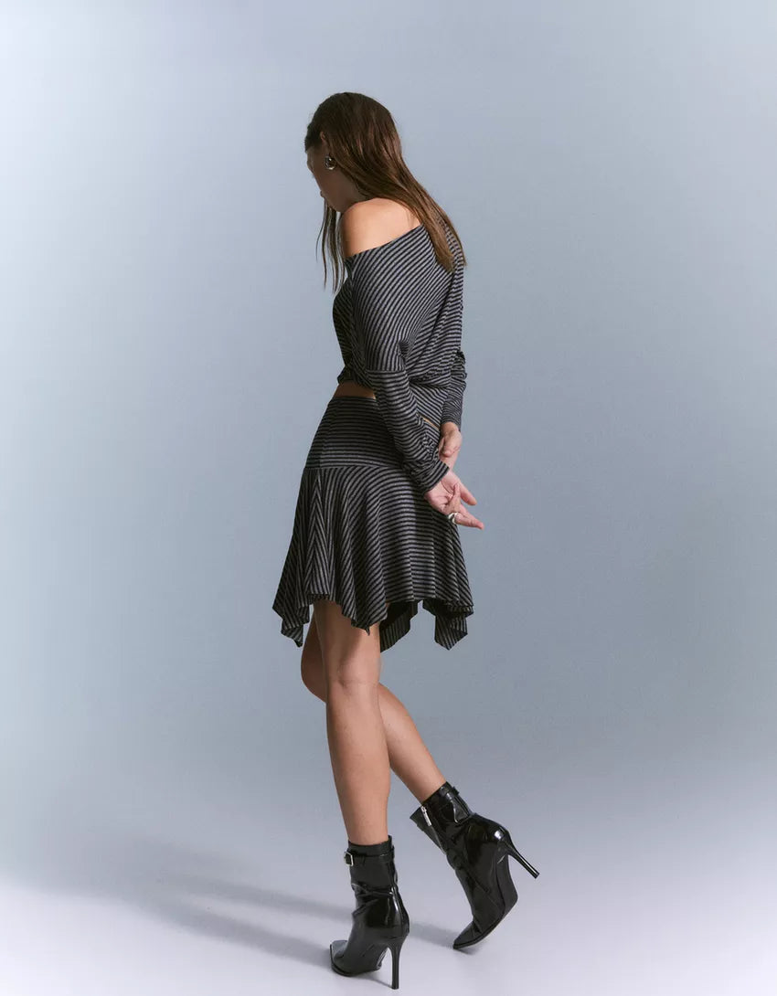 Striped asymmetric mini skirt
