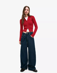 Cable-knit cardigan with a polo collar