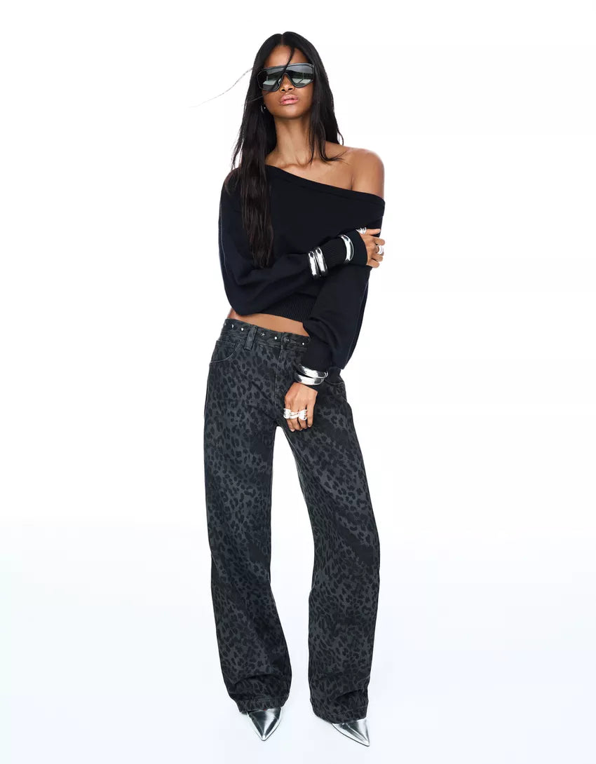 Animal print straight-leg studded pants