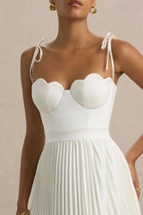 Agua | Cream Satin Sweetheart Midi Dress With Pleated Skirt