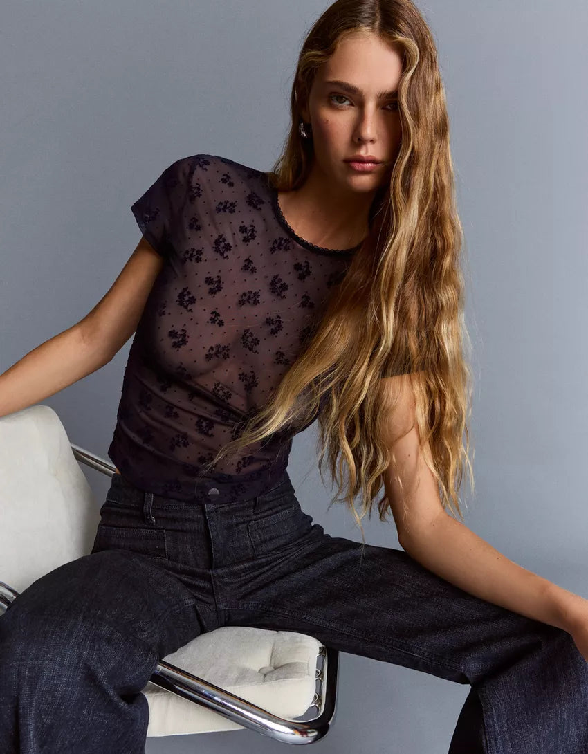 Printed short sleeve tulle T-shirt