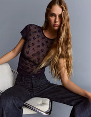 Printed short sleeve tulle T-shirt