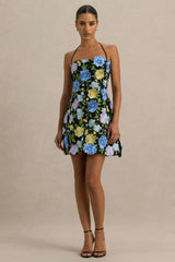 Aisha | Black Floral Embellished Square-Neck Mini Dress