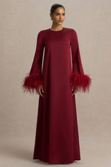 Adella | Burgundy Satin Feather-Trim Maxi Dress