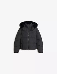 Water-repellent hooded puffer jacket with faux fur