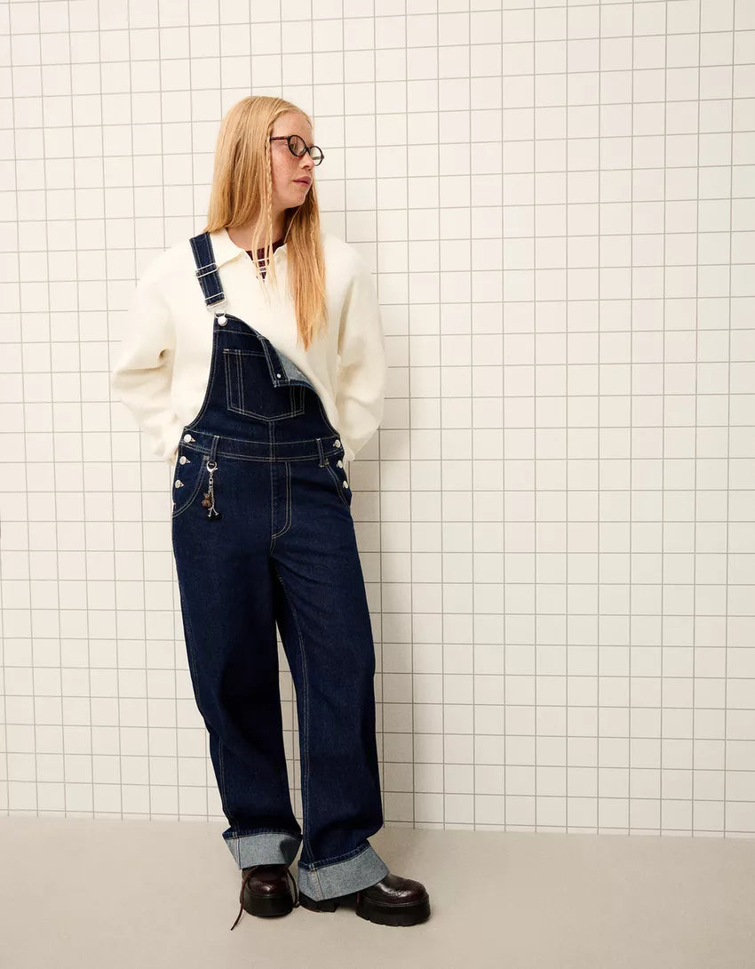 Oversize denim jumpsuit with straps