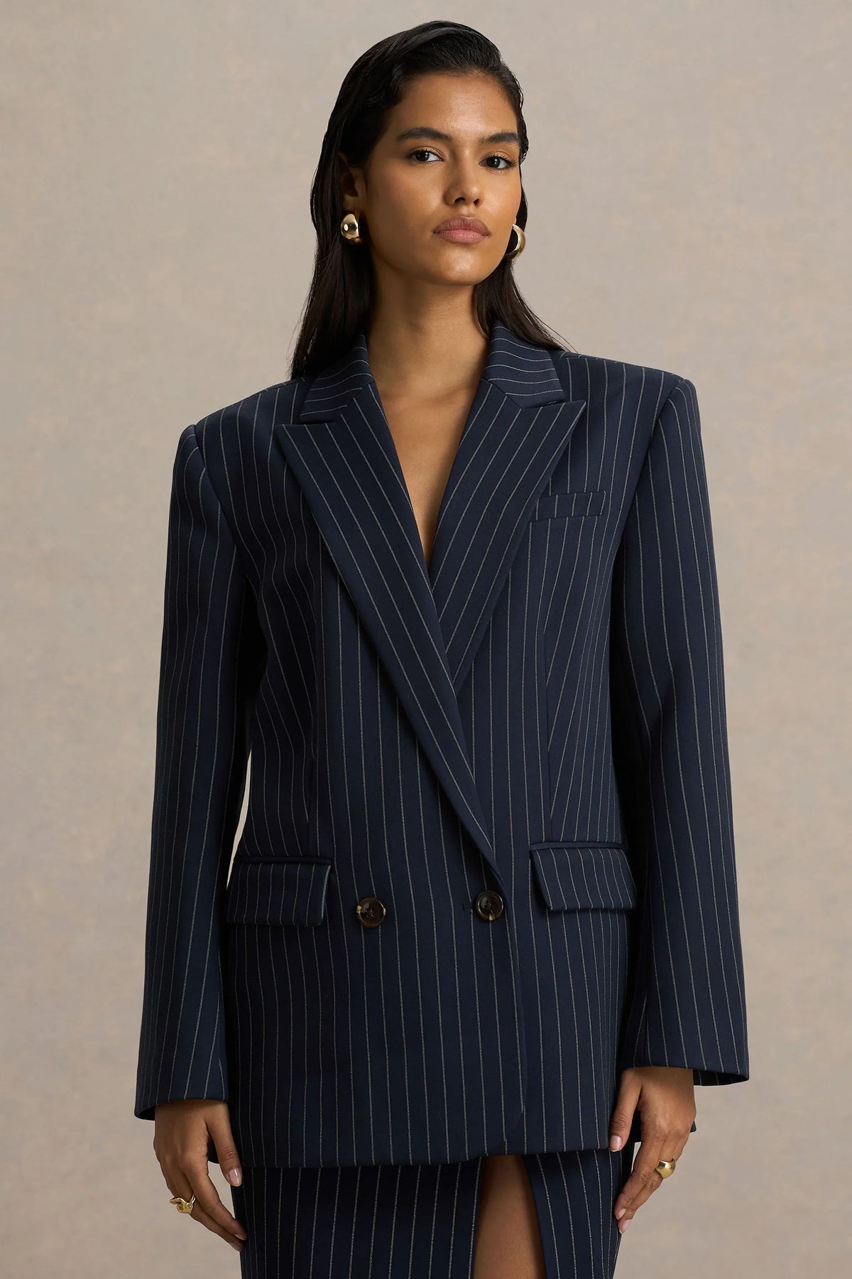 Alana | Navy Pinstripe Plunge-Neck Tailored Blazer