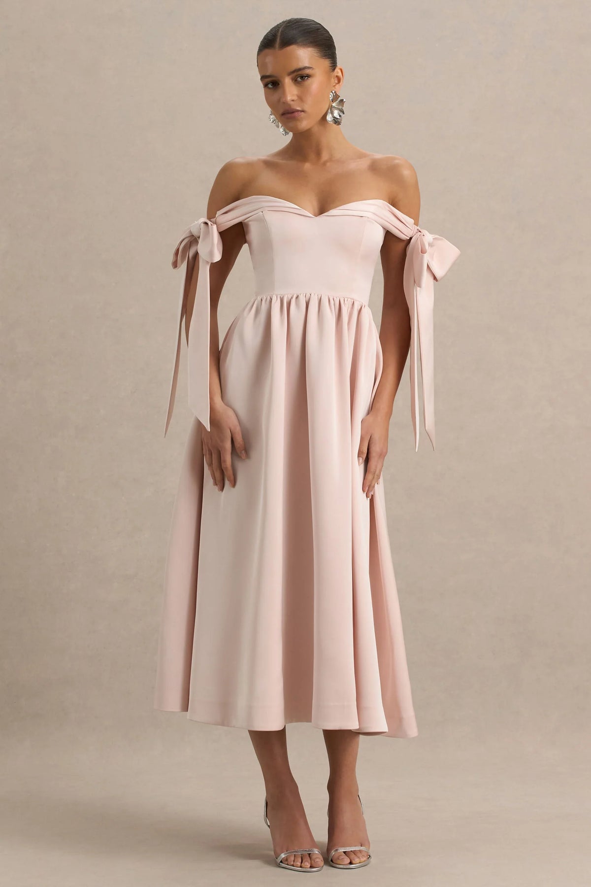 Agafay | Rose Pink Satin Short-Sleeve Bardot Wrap Midi Dress With Bow Detail