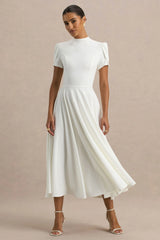 Vicky | White High Neck Midi Dress With Puff Sleeves