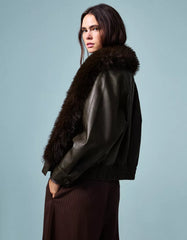Leather effect jacket with faux fur collar