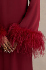 Adella | Burgundy Satin Feather-Trim Maxi Dress