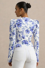 Olympia | Blue Floral Print Sweetheart-Neck Tailored Top