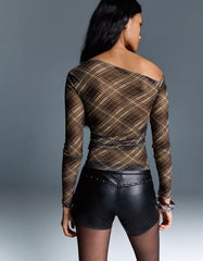 Long sleeve check tulle T-shirt