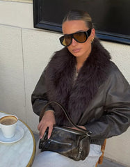 Leather effect jacket with faux fur collar