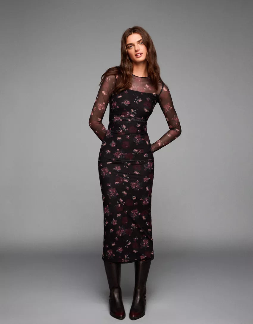 Long sleeve tulle midi dress