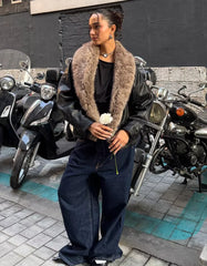 Leather effect jacket with faux fur collar